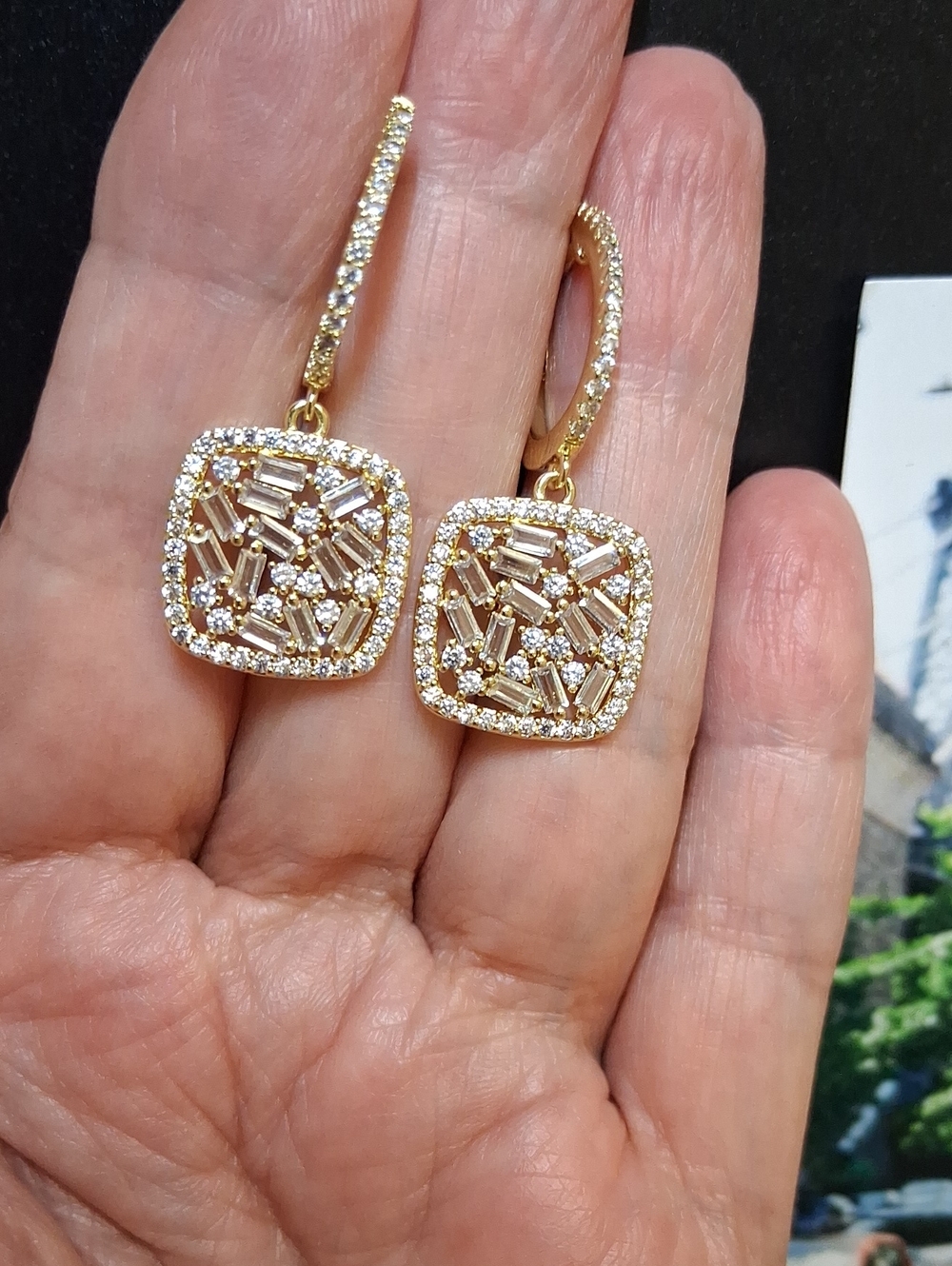 Gold-Tone Square Baguette Drop Earrings with Clear CZ's